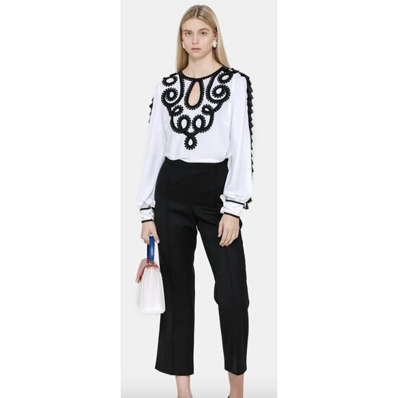 ANDREW GN F19 White Black Tassel Cut Out Embroidered White Black Top - Sz US 4 - Picture 2 of 16